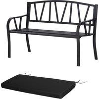 Outsunny 2-Seater Garden Bench with Cushion, Metal Loveseat, Slatted Outdoor Park Chair with Decorative Backrest and Armrest, Black
