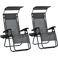 Outsunny 2 Piece Foldable Reclining Garden Chair with Headrest, Zero Gravity Deck Sun Lounger Seat Chair with Canopy Shade, Light Grey