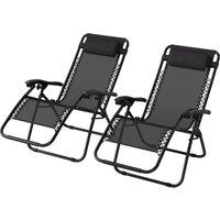 Outsunny Zero Gravity Chair Set of 2, Metal Frame Texteline Armchair Outdoor Folding and Reclining Sun Lounger with Head Pillow for Patio Decking Gardens Camping, Black