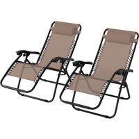 Outsunny Zero Gravity Chair Set of 2, Metal Frame Texteline Armchair Outdoor Folding and Reclining Sun Lounger with Head Pillow for Patio Decking Gardens Camping, Beige