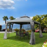 Outsunny 3(M)x3(M) Garden Gazebo Double Top Outdoor Canopy Patio Event Party Wedding Tent Backyard Sun Shade with Mesh Curtain - Grey