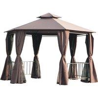 Outsunny Waterproof Hexagon Gazebo Patio Canopy Party Tent Outdoor Garden Shelter w/ 2 Tier Roof & Side Panel - Brown Aosom UK
