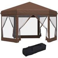 Outsunny 3x3.5m Hexagonal Pop Up Gazebo Party Canopy Height Adjustable Tent Sun Shelter w/ Mosquito Netting Zipped Door, Brown