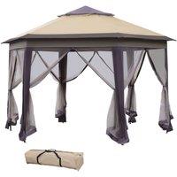 Outsunny Hexagon Patio Gazebo Pop Up Gazebo Outdoor Double Roof Instant Shelter with Netting, 4m x 4m, Beige