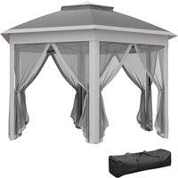Outsunny 3 x 4m Garden Gazebo Hexagon Pop Up Party Tent Canopy Double Roof Instant Shelter with Netting and Carry Bag for Outdoor Patio, Dark Grey
