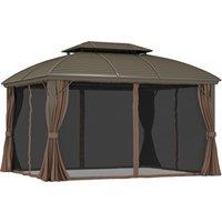 Outsunny 3.65 x 3(m) Hardtop Steel Gazebo Canopy with Aluminium Frame, Double Roof, Net Sidewalls and Curtains, Coffee