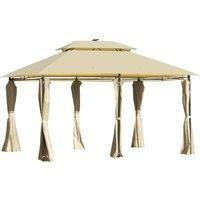 Outsunny 4 x 3(m) Outdoor Gazebo Canopy Party Tent Garden Pavilion Patio Shelter w/ LED Solar Light, Double Tier Roof, Curtains, Steel Frame, Khaki