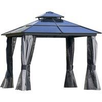 Outsunny 3 x 3(m) Polycarbonate Hardtop Gazebo Canopy with Double-Tier Roof and Aluminium Frame, Garden Pavilion with Mosquito Netting and Curtains