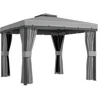 Outsunny 3 x 3m Outdoor Shelter, Garden Pavilion with 2 Tier Roof, Netting and Curtains, Light Grey Aosom UK