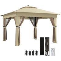 Outsunny 3 x 3(m) Pop Up Gazebo Party Tent with Solar-Powered LED Lights, Adjustable Event Shelter with Curtain, Netting, Khaki