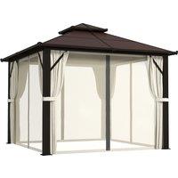 Outsunny 3 x 3(m) Hardtop Gazebo Canopy with UPF30+ Double Polycarbonate Roof, Aluminium Frame Garden Gazebo Permanent Pavilion with Mosquito Netting and Curtains for Patio, Deck, Beige