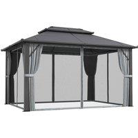 Outsunny 3 x 4m Hardtop Gazebo Canopy with UPF30+ Roof, Garden Gazebo Permanent Pavilion with Mosquito Netting and Curtains for Patio, Deck, Grey