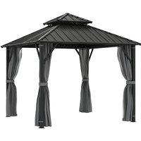 Outsunny 3 x 3(m) Hardtop Gazebo Canopy with Metal Roof, Waterproof Permanent Pavilion Garden Gazebo with Netting, Curtains, Grey