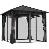 Outsunny 3 x 3(m) Hardtop Gazebo with Galvanised Steel Roof and Water Gutter, Waterproof Permanent Pavilion Garden Gazebo with Netting and Curtains for Patio, Deck