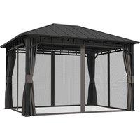 Outsunny 3 x 4m Hardtop Gazebo with Galvanised Steel Roof and Water Gutter, Waterproof Permanent Pavilion Garden Gazebo with Netting and Curtains for Patio, Deck