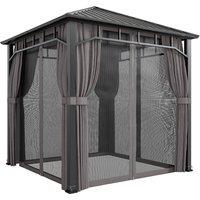 Outsunny 2.5 x 2.5 m Hardtop Gazebo with Galvanised Steel Roof, Waterproof Permanent Pavilion Garden Gazebo with Netting and Curtains for Patio, Deck, Dark Grey