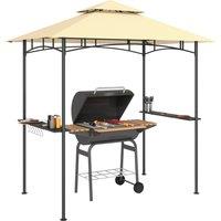 Outsunny 8' x 5' Grill Gazebo, Double Tiered BBQ Gazebo Shelter Canopy with LED Lights, 2 Side Shelves, Hooks, Beige