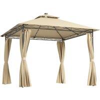 Outsunny 3 x 3m Garden Gazebo, Double Roof Metal Gazebo with Curtains and Solar-Powered LED Lights for Patio, Deck, Beige