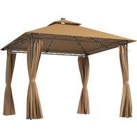Outsunny 3 x 3 m Garden Gazebo, Double Roof Metal Gazebo with Curtains and Solar-Powered LED Lights for Patio, Deck, Brown