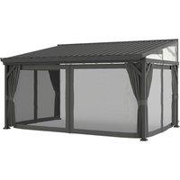Outsunny 4.3 x 3 m Garden Pergola with Galvanised Steel Roof, Lean to Pergola Gazebo with Netting Curtains, Dark Grey