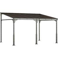 Outsunny 4 x 3 m Metal Lean-to Pergola, Wall-Mounted Garden Pergola with Polycarbonate Roof and Metal-Aluminium Frame, Heavy Duty Hardtop Gazebo for Outdoor Patios, BBQ, Brown