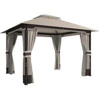 Outsunny 3 x 3.6 m Outdoor Garden Gazebo with Netting and Curtains, Double Roof Patio Gazebo Permanent Pavilion, Khaki