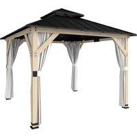 Outsunny 3 x 3 m Outdoor Hardtop Gazebo Canopy with 2-Tier Steel Roof, Wood Garden Gazebo with Curtains, Light Grey