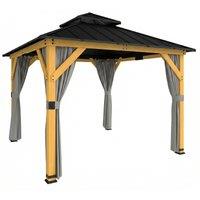 Outsunny 3 x 3 m Outdoor Hardtop Gazebo Canopy with 2-Tier Steel Roof, Wood Garden Gazebo with Curtains, Grey