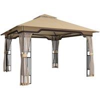 Outsunny 3.3 x 3.3 m Outdoor Garden Gazebo with Post Shelves, UPF50+ Patio Permanent Pavilion with Hook, Khaki