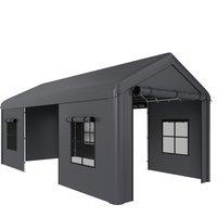 Outsunny 3 x 6 m Heavy Duty Carport, Portable Garage Car Canopy Tent with Galvanised Frame, Doors, Windows, Dark Grey