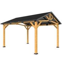Outsunny 3.5 x 4 m Hardtop Gazebo Canopy with Galvanised Metal Roof, Fir Wood Frame and Hook for Patio, Garden, Black Grey