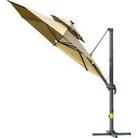 Outsunny 3m Cantilever Parasol w/ Solar Lights Power Bank Cross Base Adjustable Canopy 360 Spin Outdoor Garden Umbrella 2-Tier Roof Sun Shade Khaki