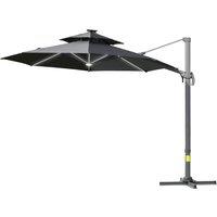 Outsunny 3m Cantilever Parasol w/ Solar Lights Power Bank Cross Base Adjustable Canopy 360 Spin Garden Umbrella 2-Tier Roof Sun Shade Grey Aosom UK