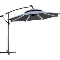 Outsunny 3(m) Cantilever Banana Parasol Hanging Umbrella with Double Roof, LED Solar lights, Crank, 8 Sturdy Ribs and Cross Base for Outdoor, Garden
