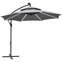 Outsunny 3m Cantilever Banana Parasol Hanging Umbrella with Double Roof, LED lights, Crank, 8 Ribs and Cross Base for Garden, Patio, Light Grey