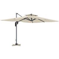 Outsunny 3.7 x 2.7 m Cantilever Parasol w/ 360 Rotation and Easy Tilt Adjustment, Aluminium Hanging Offset Outdoor Umbrella w/ Double Top and Cross Base, UPF50+ Hanging Sun Shade, Grey Wood Effect