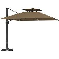 Outsunny 3.5x3 m Garden Cantilever Parasol with Solar LED Lights and Centre Light, Aluminium Large Square Patio Umbrella, UPF50+ Hanging Sun Shade with Cross Base, Crank Handle and Tilt, Khaki