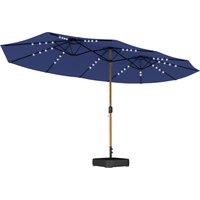 Outsunny Double Sided Garden Parasol with Base Included & 48 Solar LED Lights Patio Umbrella Crank Handle 4.6m Dark Blue