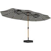 Outsunny Double Sided Garden Parasol with Base Included & 48 Solar LED Lights Patio Umbrella Crank Handle 4.6m Light Grey