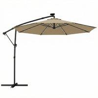 Outsunny 3 m Garden Cantilever Parasol with LED Solar Light, Round Overhanging Umbrella with 360 Rotation, Cover, Khaki