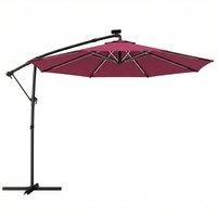 Outsunny 3 m Garden Cantilever Parasol with LED Solar Light, Round Overhanging Umbrella with 360 Rotation, Cover, Wine Red