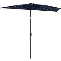 Outsunny 2.6 m Half Garden Parasol with Solar LED Lights, UPF50+ Semi Round Umbrella with 30 Tilt, Crank Handle, Dark Blue
