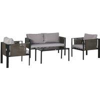 Outsunny 4 Piece Metal Garden Furniture Set with Tempered Glass Coffee Table, Patio Set Loveseat, Single Armchairs with Padded Cushions, Light Grey