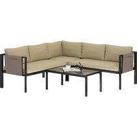 Outsunny 4 Piece Metal Garden Furniture Set with Tempered Glass Coffee Table, Breathable Mesh Pocket, Outdoor Conversational Corner Sofa Loveseat with Padded Cushions, Khaki