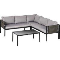 Outsunny 4 Piece Garden Furniture Set Metal Sofa Set w/ Tempered Glass Coffee Table, Conversational Corner Sofa Loveseat w/Padded Cushions Light Grey