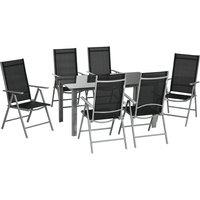 Outsunny 7 Piece Garden Dining Set, Outdoor Table & 6 Folding & Reclining Chairs, Aluminium Frame, Tempered Glass Top Table Texteline Seats Aosom UK