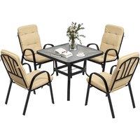 Outsunny 5 Pieces Outdoor Square Garden Dining Set w/ Tempered Glass Dining Table 4 Cushioned Armchairs, Umbrella Hole, Beige