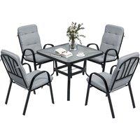 Outsunny 5 Pieces Garden Dining Set, Outdoor Square Dining Table and 4 Cushioned Armchairs, Tempered Glass Top Table w/ Umbrella Hole Black Aosom UK