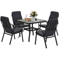 Outsunny 5 Pieces Outdoor Square Garden Dining Set w/ Tempered Glass Dining Table 4 Cushioned Armchairs, Umbrella Hole, Black