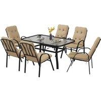 Outsunny 7 Piece Garden Dining Set, Outdoor Dining Table and 6 Cushioned Armchairs, Tempered Glass Top Table w/ Umbrella Hole, Texteline Seats, Beige